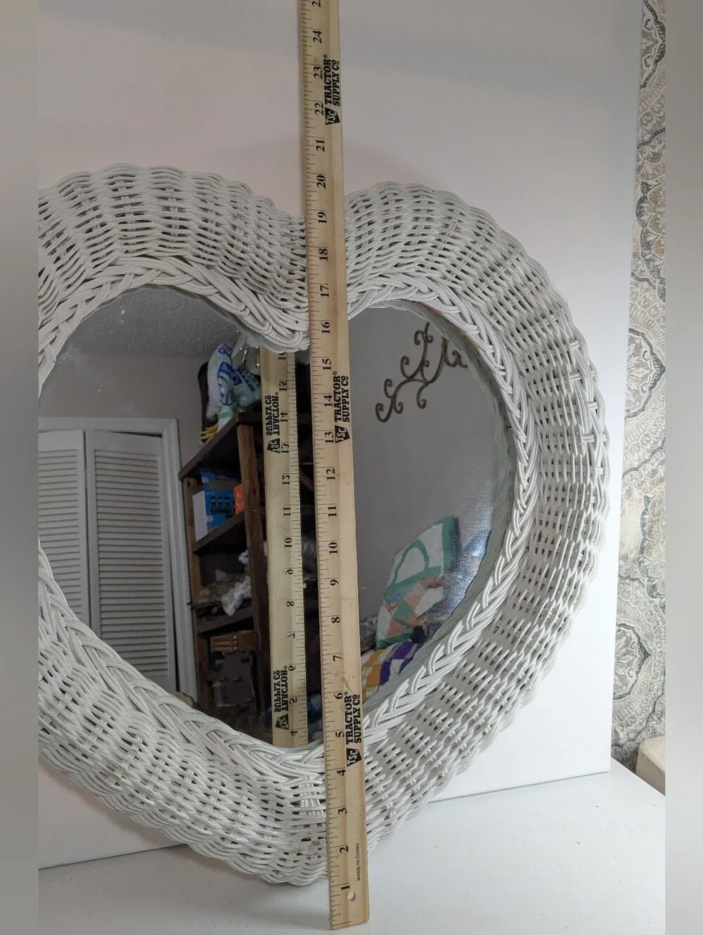 Vintage White Wicker Heart Shaped Wall Mirror - Cottagecore / Shabby Chic / 80s